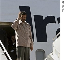 Iranian President Mahmoud Ahmadinejad, waves as he boards his plane leaving Tehran, Iran, Sunday, 23 Sept. 2007, for New York to attend the U.N General Assembly